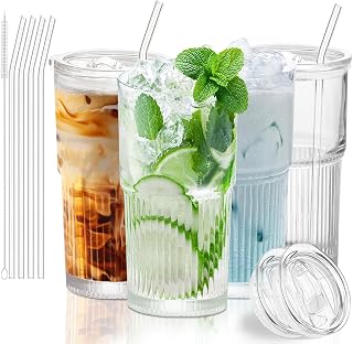 Iced Coffee Cups with Lids and Straws Set of 4, 18.6 oz Ribbed Glass Tumblers, Aesthetic Drinking Glasses with Slide Lids for Matcha, Boba, Smoothie, Cold Brew, Housewarming Gift