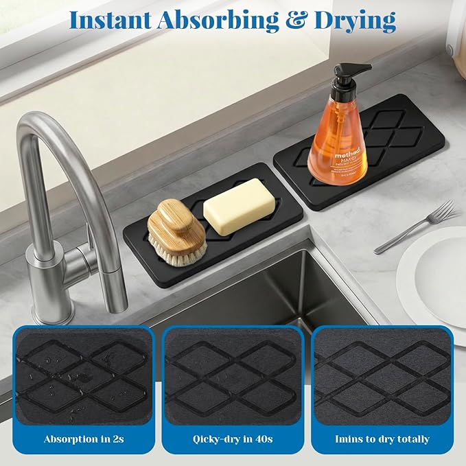 Quick Dry Sink Caddy Kitchen Sink Organizer, Easy to Clean Water Absorbing Stone Tray for Sink, Bottle Drying Rack, Sink Caddy, Vanity Organizer, Sponge Holder, 2 PCS