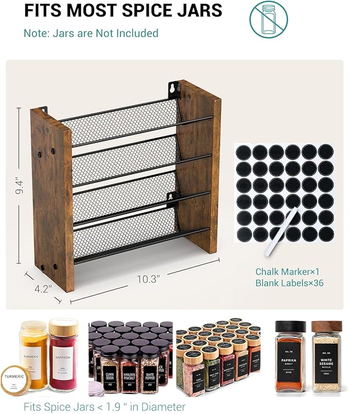 NESAPTO Spice Rack Organizer for Cabinet, Wood 4-Tier Vertical Seasoning Organizer, Wall Mount or Countertop Spice Shelf, Holds 20 Jars (No Jars Included), 10.3" W x 9.4" H