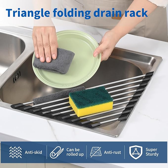 Triangle Dish Drying Rack for Sink Corner, 18/8 Stainless Steel with Thickened Silicone Edge, Roll-Up Space Saving Sink Caddy, Non-Slip Sponge Holder & Drainer Mat for Kitchen Counter
