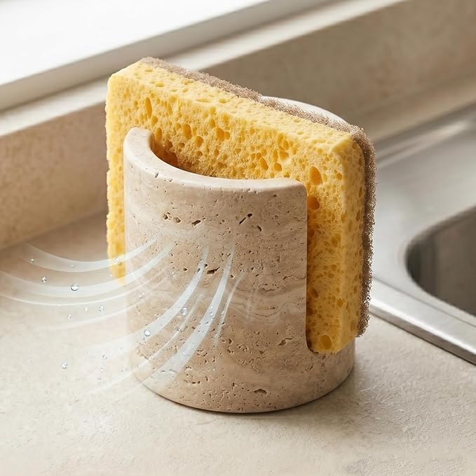 Luxury Natural Travertine Sponge Holder for Kitchen Sink - Minimalist Wabi-Sabi-Style Hand-Carved Stone Organizer for Toothbrushes, Candles, and Flowers -Unique Housewarming & Wedding Gift