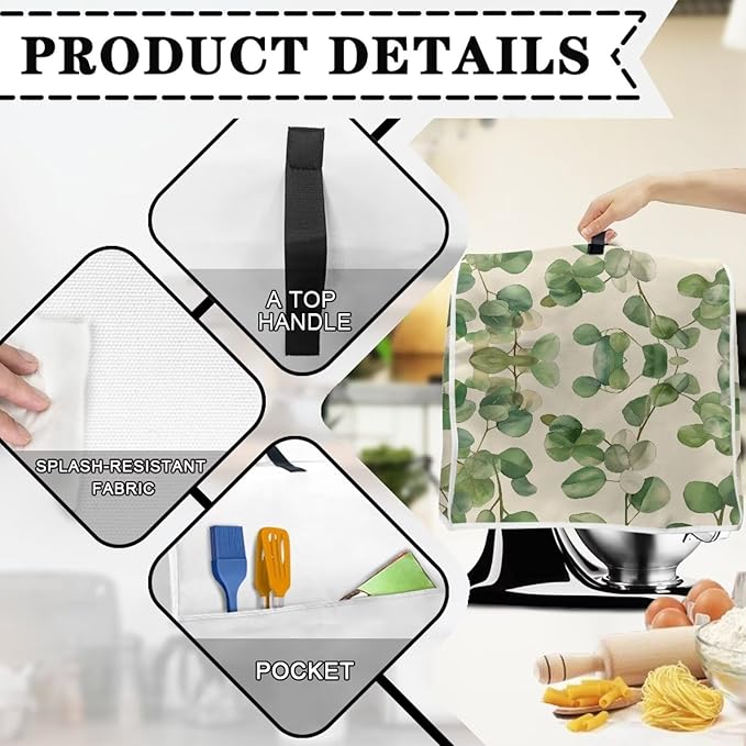 Leaf Print Mixer Dust Cover with Pockets & Handle | Compatible with 4.5-5 Quart Blenders & Mixers | Kitchen Appliance Protector & Decor