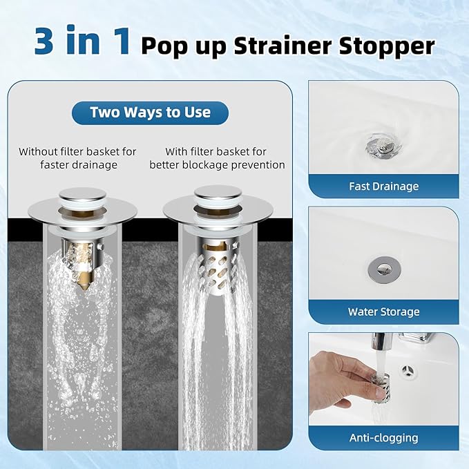 iFealClear 3 Pack All Metal Bathroom Sink Stopper, Pop Up Sink Drain Strainer with Removable Stainless Steel Filter Basket, Universal for 1.1"-2.36" Sink, Brass Bounce Core, Hair Catcher, Chrome