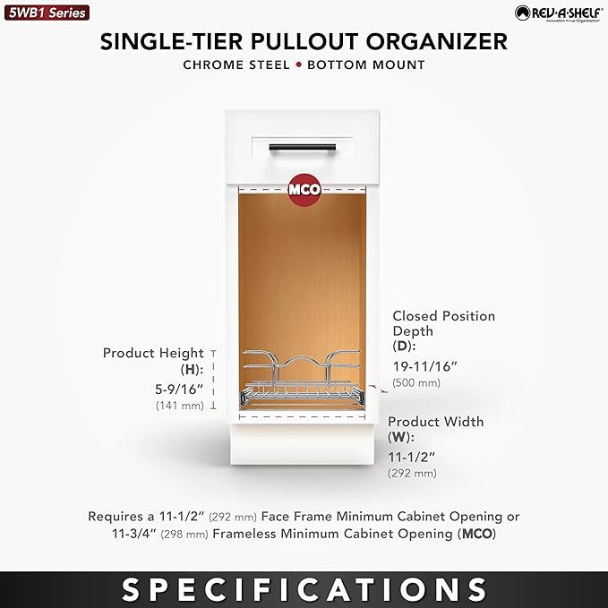 Rev-A-Shelf Steel Wire Pullout Drawer Organizer Shelf for Kitchen Cabinets, Slide Out Storage Basket, Min Opening Width of 11.5", 12" x 20", 5WB1-1220CR-1