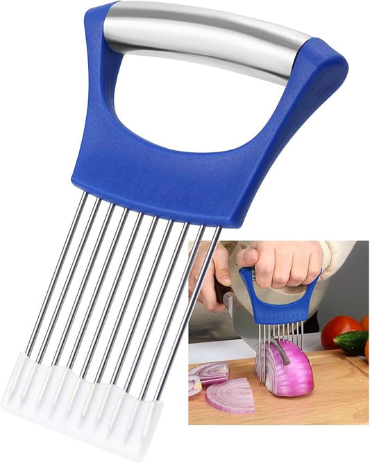 Stainless Steel Onion Holder for Slicing,Onion Slicer Holder, Onion Cutter for Slicing of Onions, Tomatoes,Avocados,Eggs and Other Vegetables, Kitchen Utensils Gift (Blue)