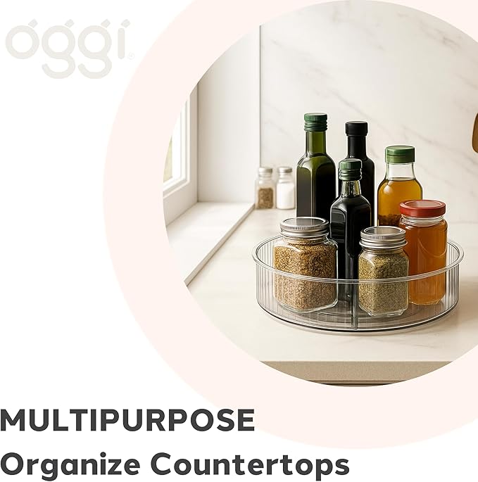 Oggi 10" Fluted Lazy Susan Turntable Organizer – Clear Rotating Cabinet Organizer for Kitchen, Pantry, Fridge, Bathroom, Spices, Perfume, Makeup & More – Stylish Storage & Organization