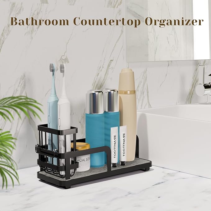 Kitchen Sink Caddy Organizer for Instant Dry, Rustproof Sponge Holder & Dish Soap Tray with Diatomaceous Earth, Countertop Brush Storage,10.2" X 4.7" X 4.1",Black