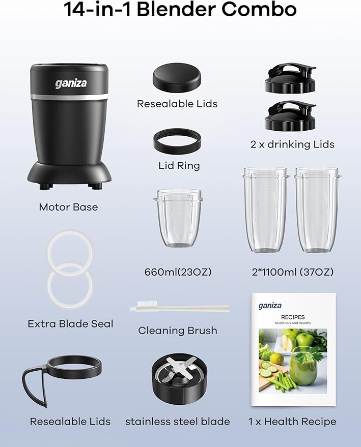 Ganiza Smoothie Blender, Max 1300 Watt Personal Blender and Grinder Combo for Kitchen, Portable Maker for Smoothies, Shakes, Frozen Drinks, Sauces with 6-Leaf Blade, 23 oz, (2) 37 oz To-Go Cups