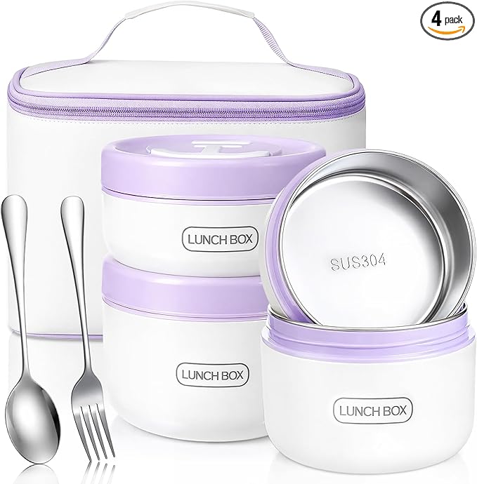 Dandat 4 Pcs Insulated Lunch Container, Portable Bento Box, Stainless Steel Lunch Box, Round Stackable Leakproof Thermal Food Container for Adult Men Women with Insulated Bag, 74 oz(Purple)