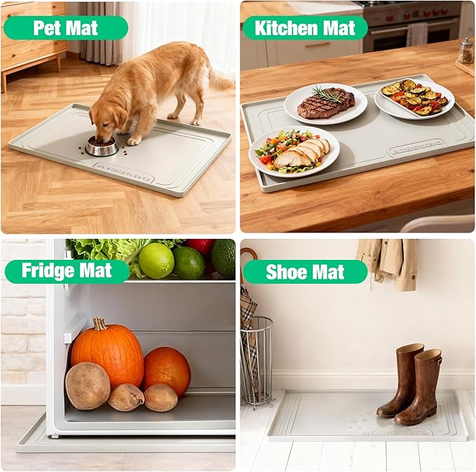 Aisslro Under Sink Mat 34" X 22", Waterproof Silicone Cabinet Organizer Protector with Raised Edge, Kitchen & Bathroom Leak Tray, Shelf Liner & Pet Feeding Mat for Dog Cat Food Mats, Beige