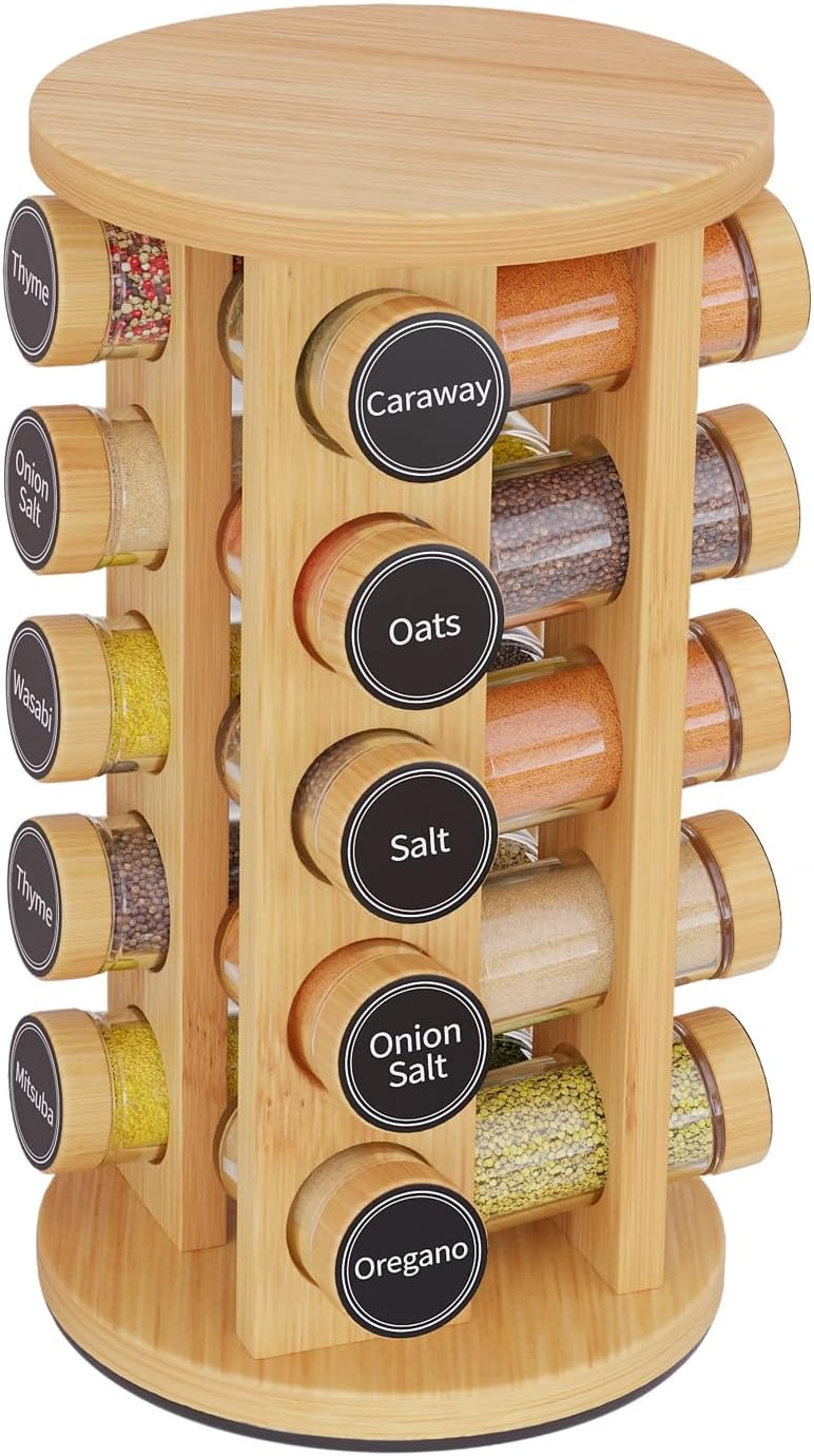 Revolving Spice Rack Set with 20 Spice Jars, Kitchen Spice Tower Organizer for Countertop or Cabinet - Carousel Storage Includes 386 Spice Labels (Bamboo)