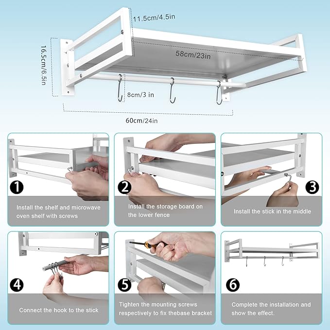 ABCOOL Wall Mount Microwave Oven Shelf Rack, White Carbon Steel Counter Countertop Holder with Hook Rail and 3 Slidable Hooks for Kitchen Home