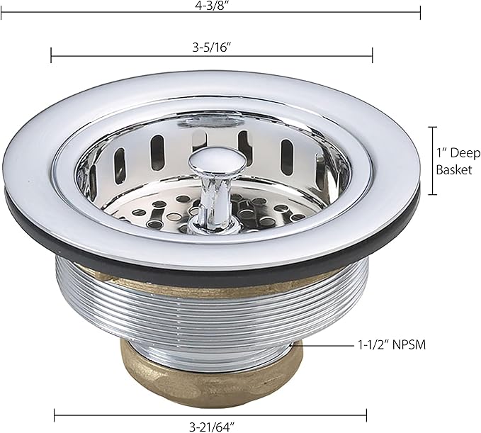 Westbrass D214-26 3-1/2" Post Style Large Kitchen Sink Basket Strainer, Polished Chrome