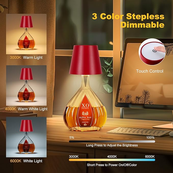 Wireless Bottle Lamp, 2026 New 3 Color Rechargeable Wine Bottle Lights for Bars Restaurants (Wine red, 1PC)