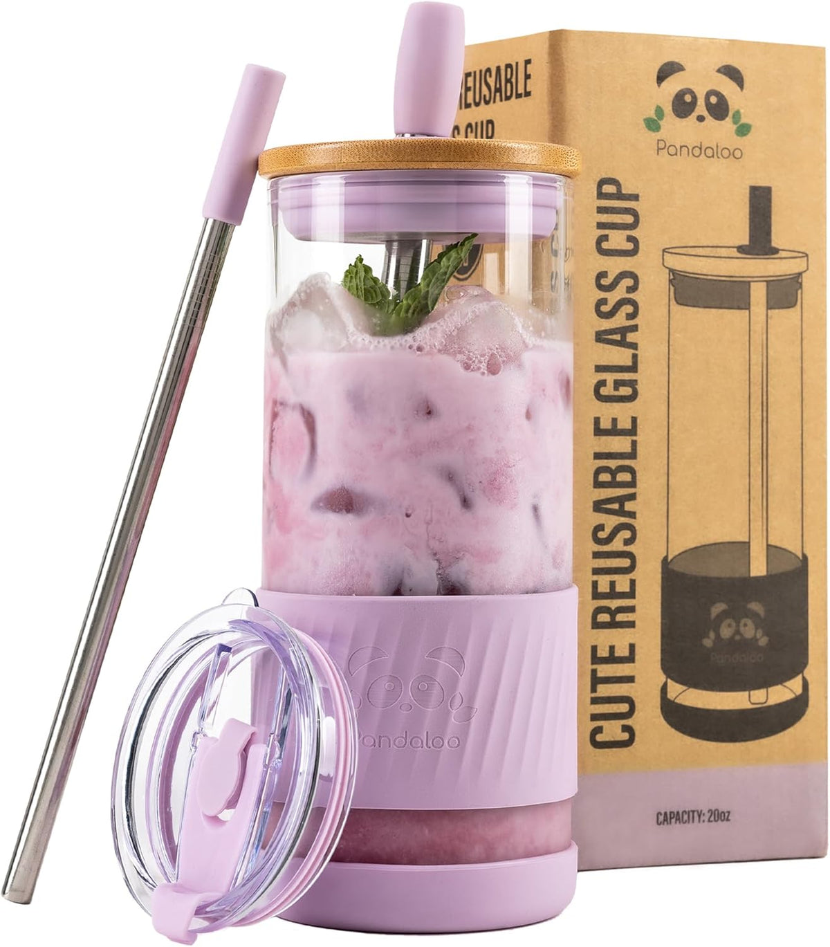 Glass Cups With Lids and Straws -20 Fl Oz- Perfect Size Iced Coffee Cup - Smoothie Cup With Bamboo Lid and On the go Lid - Glass Tumbler With Straw (1 Count (Pack of 1), Lilac Rhapsody)