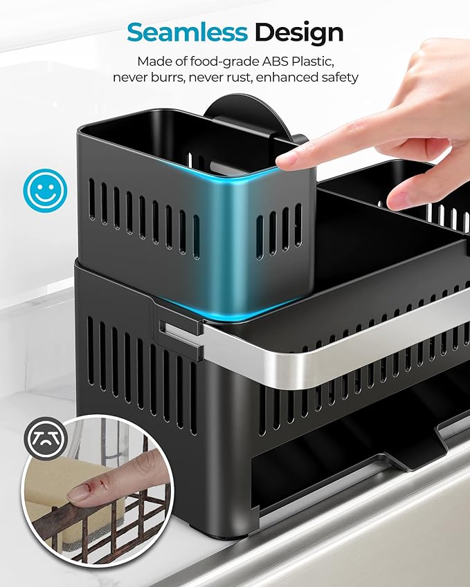 Nieifi Sponge Holder for Kitchen Sink, Sink Caddy with High Brush Holder and Towel Rack, Kitchen Countertop Organizer and Storage Essential (Black with Smiley Face, 10.12″)