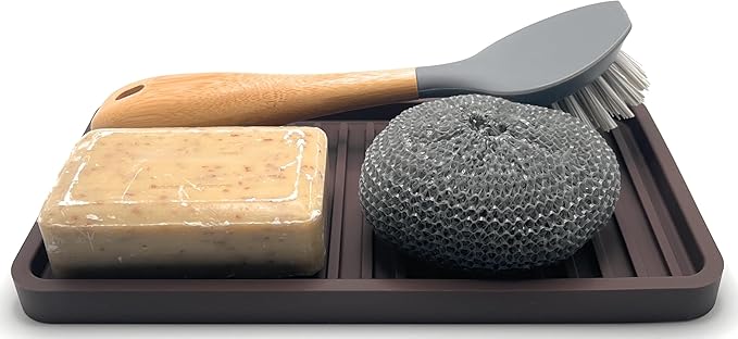 Silicone Sink and Surface Organizer Tray, Sponge Holder, Vanity Tray, Trivet, Heat Safe, Dishwasher Safe, for Bathroom and Kitchen Organization (Dark Chocolate, 10"x5.25")