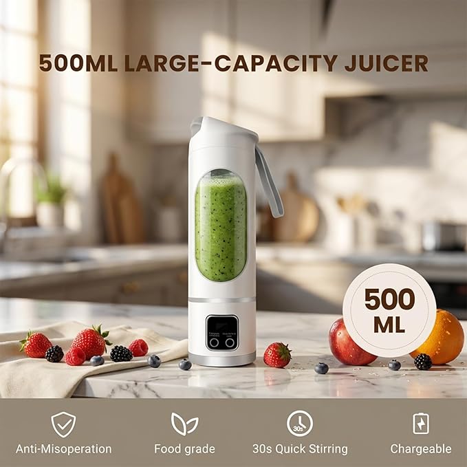 Portable Personal Electric Blender，500ML Portable Shakes and Smoothies Blender，12 Blades USB Rechargeable Small Blenders、Mixing、Compact、Convenient and Versatile (White)