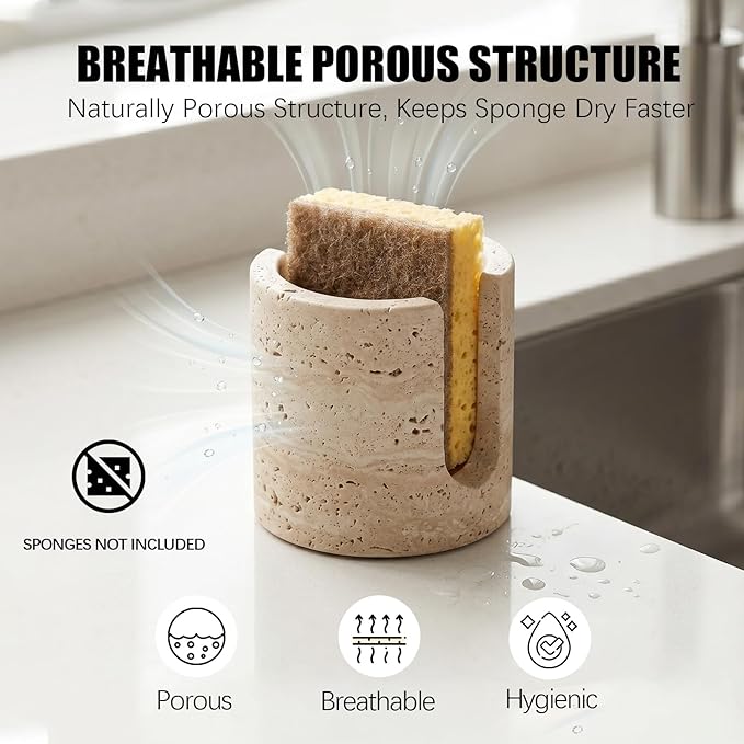 Luxury Natural Travertine Sponge Holder for Kitchen Sink - Minimalist Wabi-Sabi-Style Hand-Carved Stone Organizer for Toothbrushes, Candles, and Flowers -Unique Housewarming & Wedding Gift