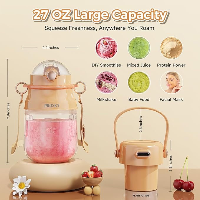 Portable Blender, Personal Blender for Shakes and Smoothies with 27oz Cup, Lid and Shoulder Strap, Type-C USB Rechargeable, BPA-Free for Travel/Kitchen (Light Orange)