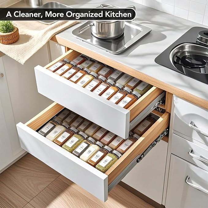 Adjustable 3-Tier Drawer Spice Organizer – Thick Plastic, Non-Slip, Fits 11"-22" Kitchen Drawers, Includes Labels & Funnel (No Jars)