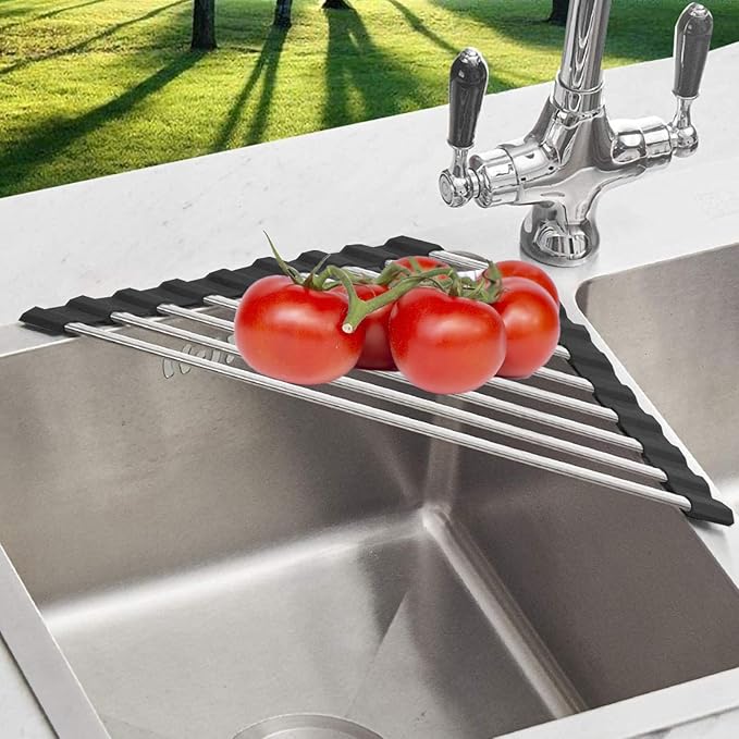 Triangle Dish Drying Rack for Sink Corner Roll Up Dish Drying Rack Folding Stainless Steel Multipurpose Over The Sink Corner Dish Drainer Mat for Kitchen (Black)