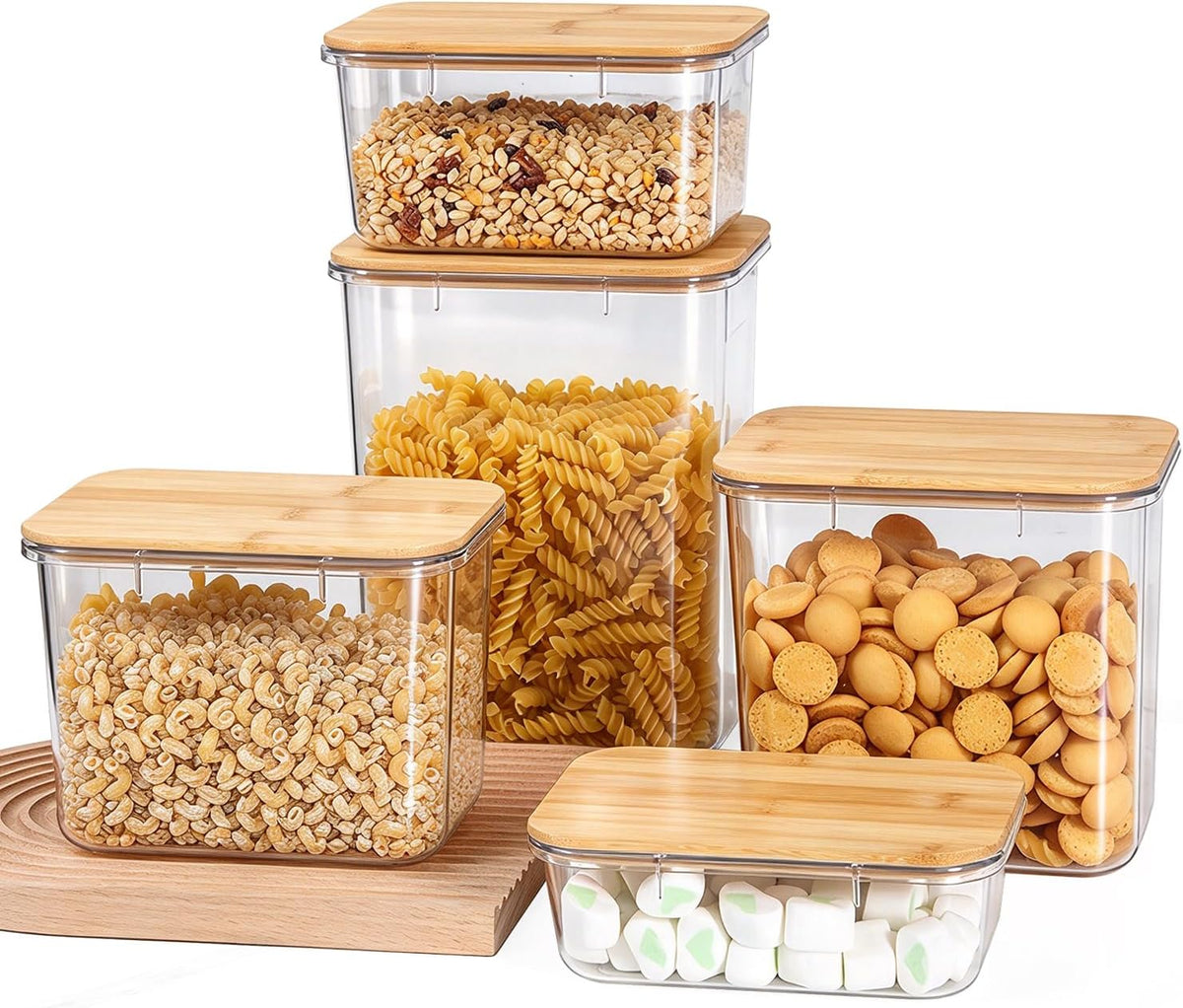 Five grain and miscellaneous grain food sealed jar, coffee bean storage jar, square transparent bamboo lid molded material storage jar, storage container (Set of 5)