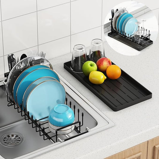 ANTOPY Sink Dish Drying Rack - Expandable Small Dish Rack Over Sinks with Silicone Drying Tray, Dish Drainer for Kitchen Counter with Cutlery Holder