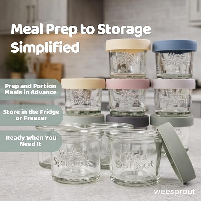 WeeSprout Glass Baby Food Storage Jars with Silicone Lids (4 oz, 12 Pack Set) Snack, Puree, Reusable Small Containers, Breast Milk, Fridge or Freezer, Essential Must Have for Infants