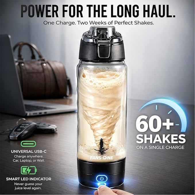 FANS-ONE Electric Protein Shaker Bottle – No Clumps, Smooth Every Time |USB-C Rechargeable Vortex Mixer | Leakproof Double-Lock Lid| 24oz BPA-Free Tritan| Blender For Protein Shakes & Meal Replacement