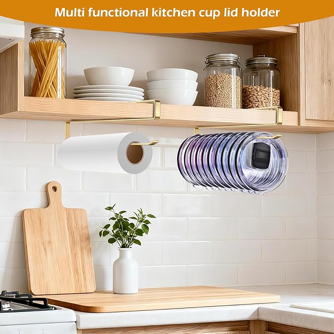 4Pack Tumbler Lid Organizer, Kitchen Space-Saving Cup Holder, Organizers for Under Cabinet Storage, No Glue or Drilling Required (Golden)