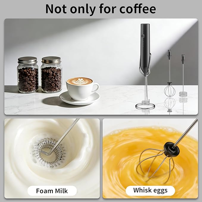 Milk Frother Handheld Rechargeable, Hand Frother with Stand, Drink Mixer Frother Wand Electric Whisk Stirrer for Coffee, Latte, Matcha, Cappuccino, Hot Chocolate, Kitchen Gifts - Black