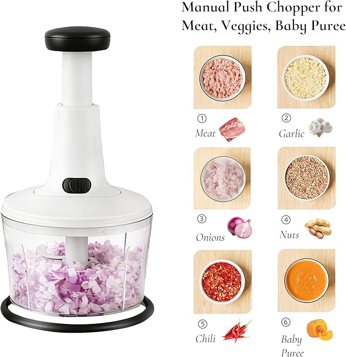 Manual Hand Push Food Chopper, Vegetable Dicer Mincer with Container, Egg Whisk & Salad Spinner for Salsa, Salad, Pesto, Hummus