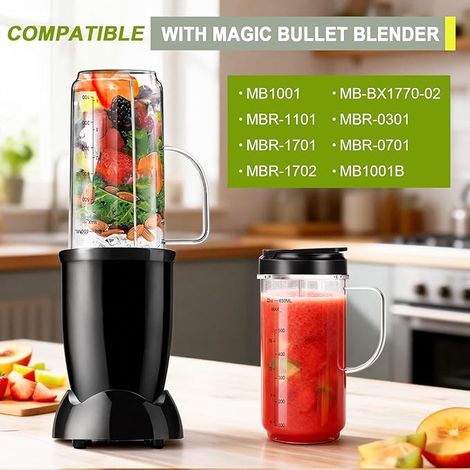 UBYNID 2 Pack Magic Bullet Blender Cups, Tall 22oz Cup with Flip Top To-Go Lid & 4 Fins Cross Blade Blender Replacement Parts, Replacement Cup Mug with Handle Compatible with Magic Bullet 250w MB1001