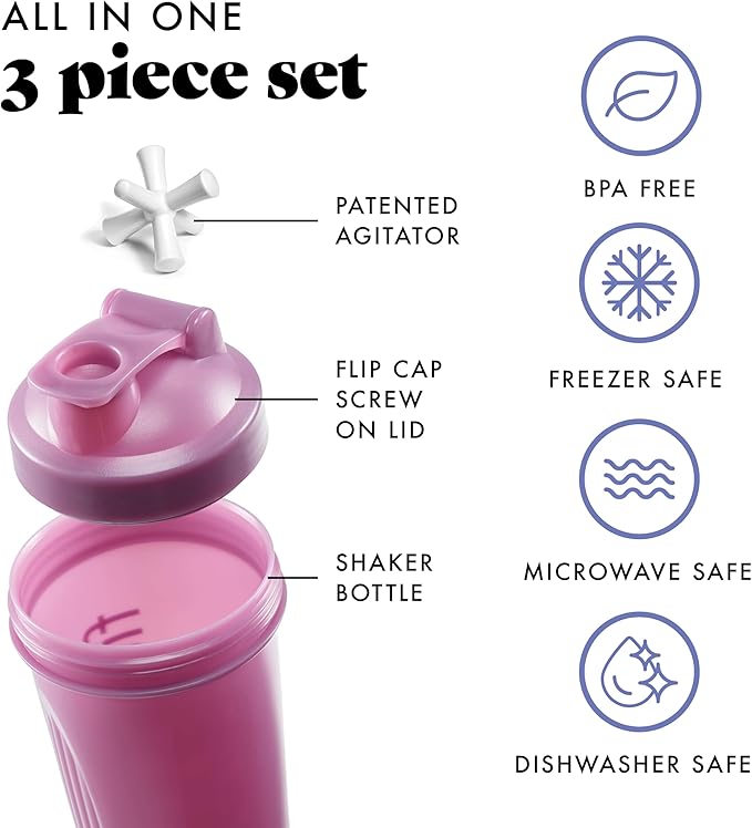 Fit & Fresh Shaker Bottle, Leak Proof Sports Blender Bottle for Protein Mix For Women, Durable Protein Shaker Cup 24 oz.with Unique Agitator for Smooth Mixing, Mauve
