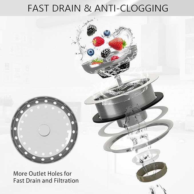 Kitchen Sink Drain 3-1/2 Inch Brushed Stainless Steel Sink Drain Strainer Assembly Kit with Sink Strainer Basket and Drain Stopper for Standard Kitchen Drains Brush Nickel Silver