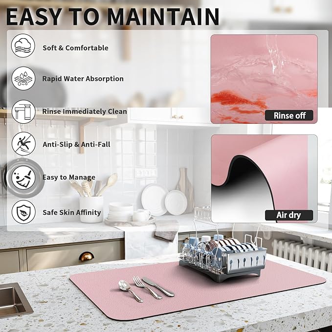 HotLive Dish Drying Mat for Kitchen Counter, Heat Resistant Drainer Mats with Non-slip Rubber Backed, Hide Stain Kitchen Super Absorbent Draining Mat, Easy to Clean Dish Rack Pad, Pink 16"x18"