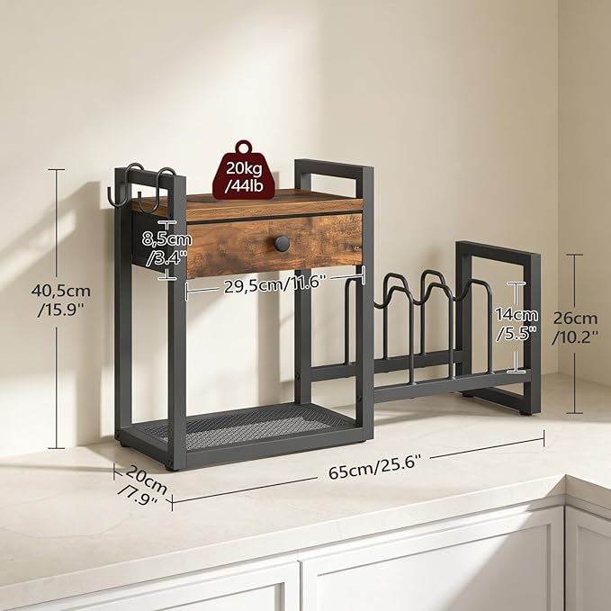 MAHANCRIS Countertop Shelf Organizer, Pots and Pans Organizer Rack, Pot Lid Holder with 1 Drawer, Pot Lid Organizer Holder with 2 Hooks, for Kitchen, Dining Room, Rustic Brown POHR2201