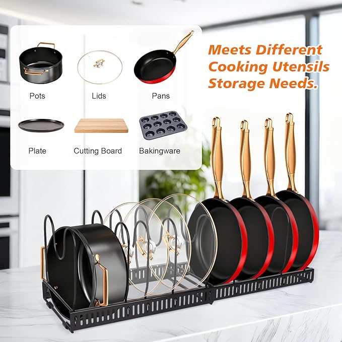 Pots and Pans Organizer for Under Cabinet, Expandable 11.81''-22.85'' Kitchen Organizer with 13 Adjustable Compartments, Pot Lid Pan Rack for Cabinet Drawer Countertop, Bakeware Cutting Board