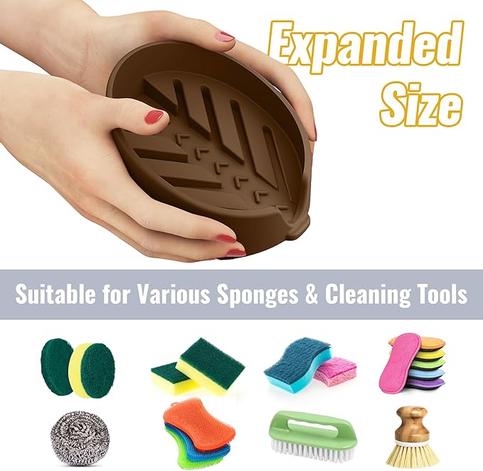 NiHome Silicone Sponge Holder Compatible with Scrub Daddy Mommy Sponges for Kitchen & Bathroom,Auto Draining Organizer,Holds Multiple Sponges & Cleaning Tools, Food-Grade,Dishwasher Safe(Coffee Brown)
