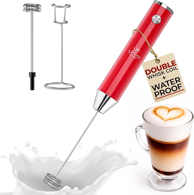 Zulay Kitchen Rechargeable Milk Frother Handheld - Frother Wand, Drink Mixer, Electric Whisk Frother, for Cappuccinos, Matcha & Protein Powder - Lux 4 Whisk 2 Speed Waterproof 2000mAh Red