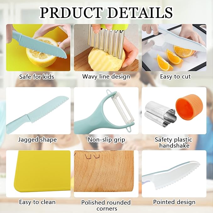 RISICULIS 11 Pieces Wooden Kids Kitchen Knife, Blue Kids Knife Set Include Wood Kids Knife, Serrated Edges Plastic Toddler Knife, Crinkle Cutter, Sandwich Cutter, Y Peeler, Cutting Board