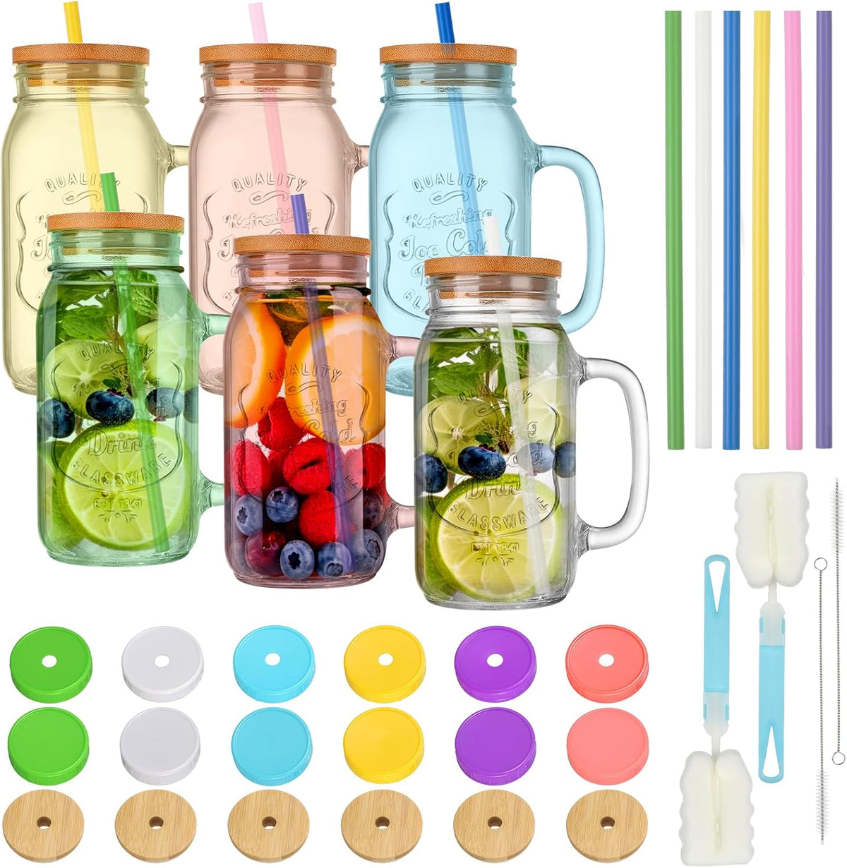 Mason Jars with Handle Colorful Drinking Glasses with Lids Straws