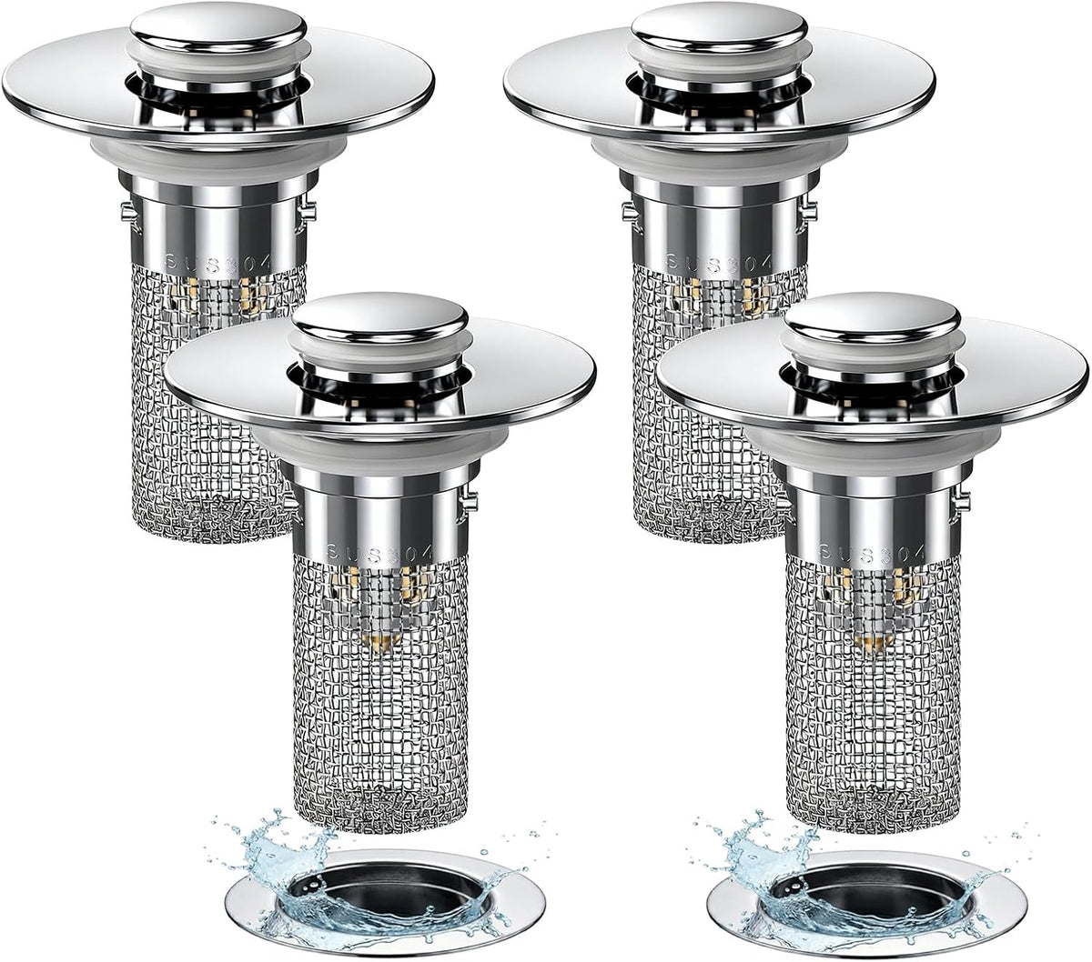 4Pack Bathroom Sink Drainer Hair Catcher, Pop Up Sink Drain Stopper with Filter Basket, Universal Drain Plug for Sink Drain, Stainless Steel Sink Drain Cover with Basket for Bathroom Stopper