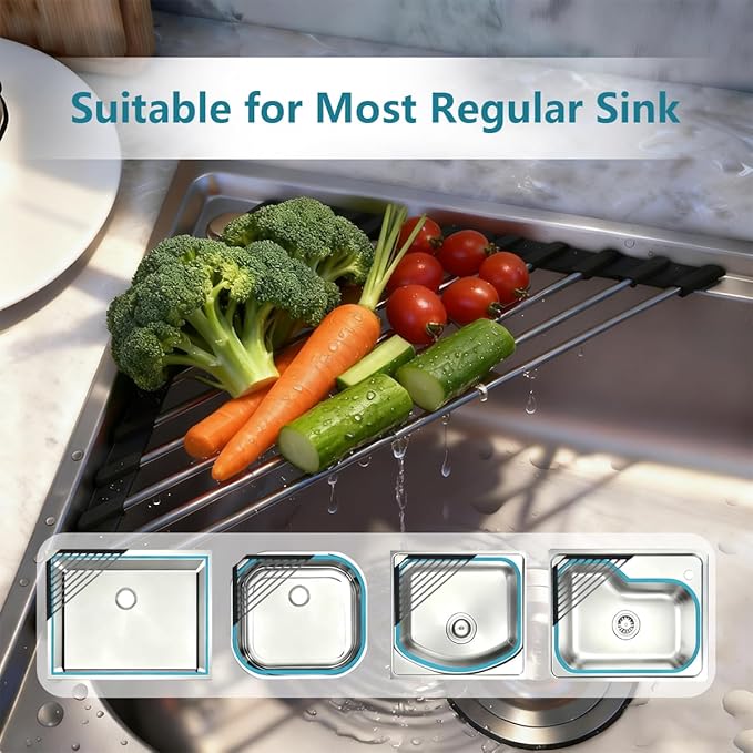Credon Triangle Roll Up Dish Drying Rack, Foldable Multipurpose Corner Sink Caddy, Stainless Steel Anti Slip and Rust Proof Kitchen Sink Drainer Organizer, Small Space Solutions (Black)