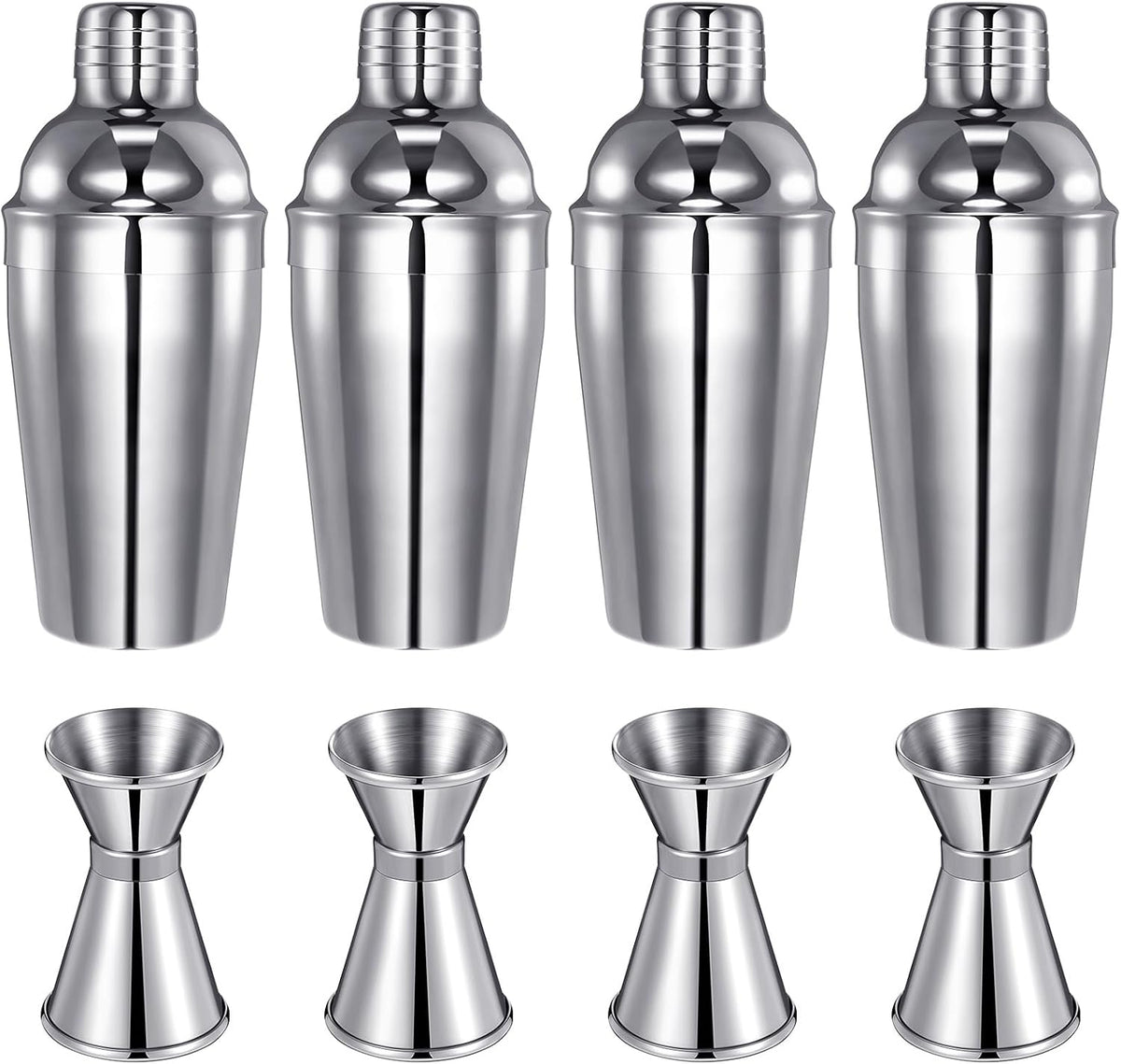 Cocktail Shaker Set Martini Shaker Bulk Stainless Steel Martini Mixer with Strainer and Double Measuring Jigger for Bar Party Home Use Wine Bar (4 Packs)