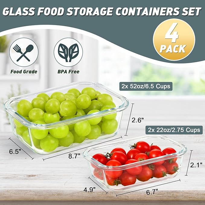 KOMUEE 4 Pack 52oz+22oz Large Glass Food Storage Containers Set with Airtight Lids, BPA-Free & Leak Proof, Ideal for Meal Prep, Freezer, Microwave, Oven and Dishwasher Safe
