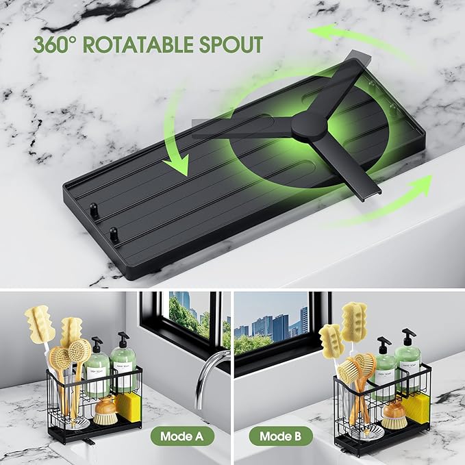 Kitchen Sink Caddy, 2-Tier Self-Draining Sponge & Dish Brush Holder, Rustproof 304 Stainless Steel Space-Saving Organizer with Drying Tray, Black
