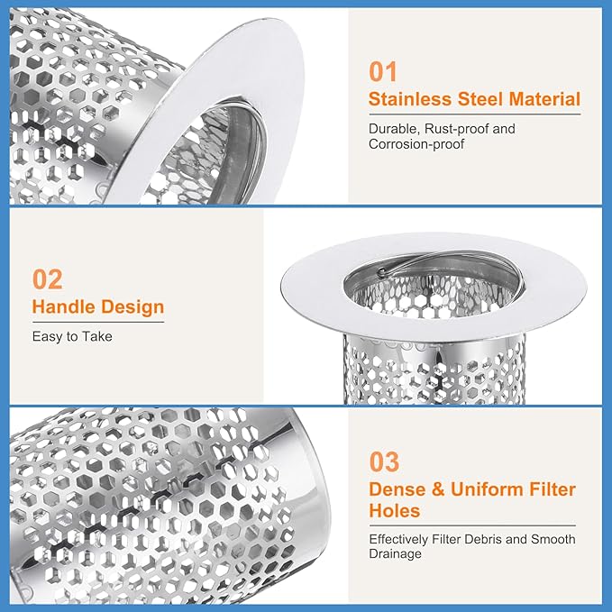 uxcell 4 Pack Shower Drain Strainer, 3.2" x 2.6" 304 Stainless Steel Floor Drain Strainer Deep Sink Hair Catcher for Kitchen Bathroom Balcony Floor Drain, Fit Hole Size from 1.5" to 2.6"