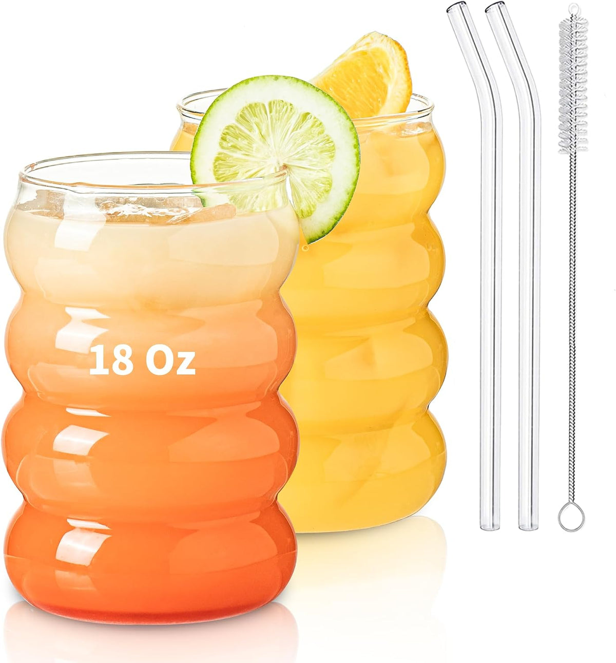 2PCS Wave Bubble Beverage Glasses With Straws, 18 Oz Vintage Glass Cups, Aesthetic Iced Coffee Glasses, Ripple Glassware, Beer Glasses - Stylish Drinkware for Every Occasion